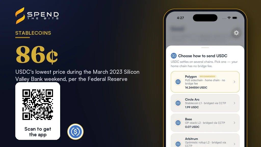 SpendTheBits screen for choosing which chain's USDC to send, beside USDC's lowest price during the March 2023 bank failure weekend.