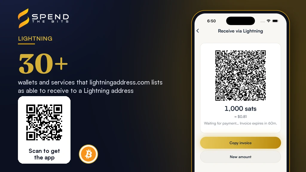 SpendTheBits Lightning invoice screen with a QR code, beside the count of wallets that can pay a Lightning address.