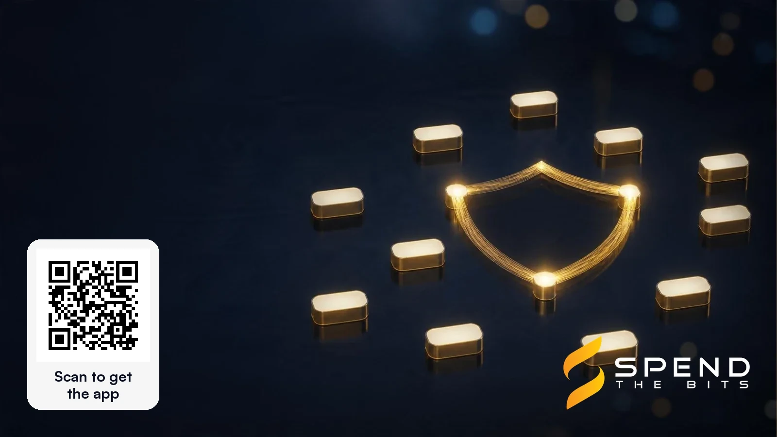 Twelve gold tiles in a circle around a glowing shield