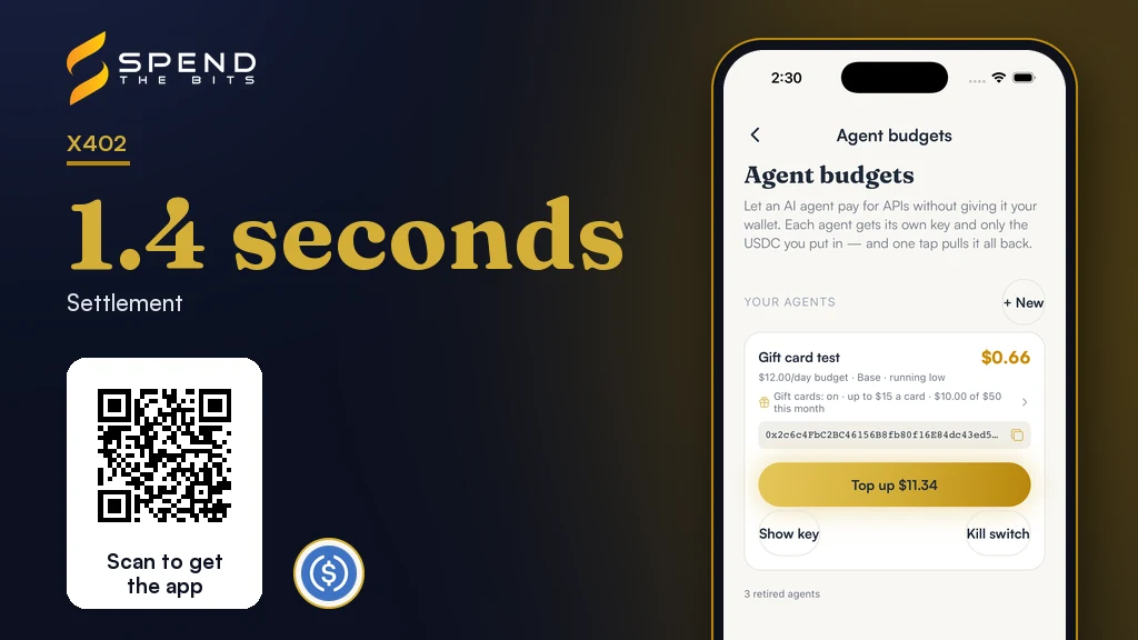 SpendTheBits Agent budgets screen, beside the 1.4 second settlement time.