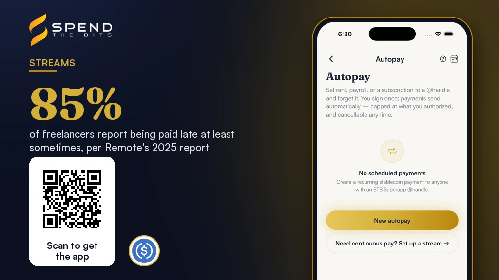 SpendTheBits Autopay screen for recurring payments, beside the share of freelancers paid late.