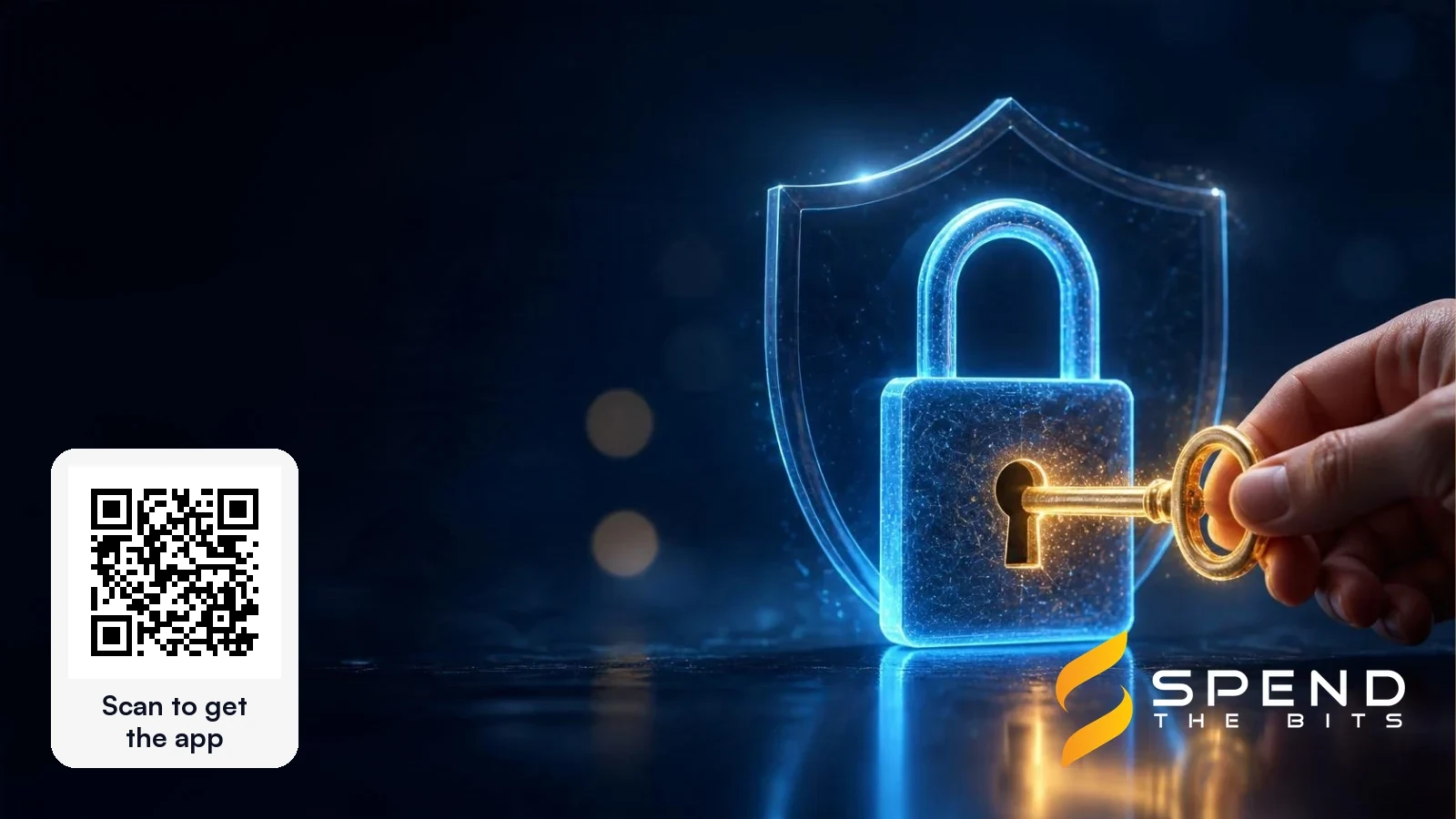 A hand turning a gold key in a glowing padlock in front of a shield