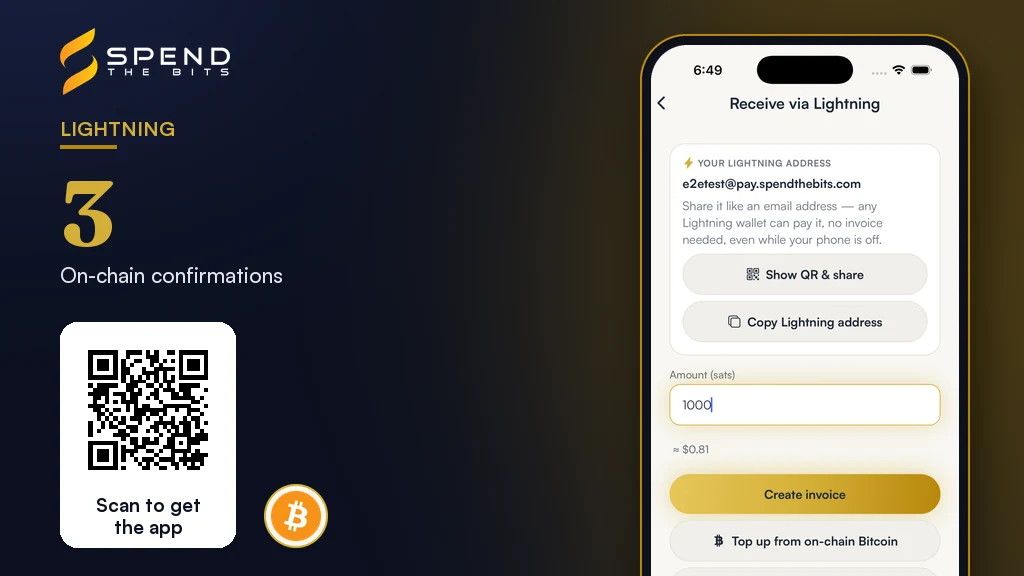 SpendTheBits Lightning receive screen with an amount entered, beside the three on-chain confirmations figure.