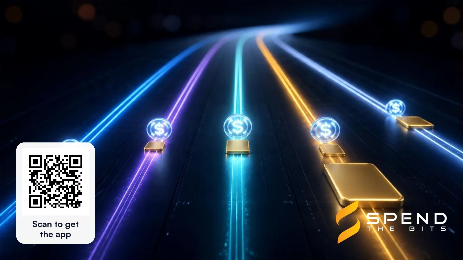 Coins travelling along glowing lanes of different colours toward gold blocks