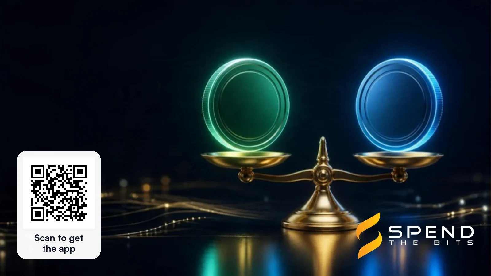 Two glowing stablecoins balanced on a gold scale on a dark navy background