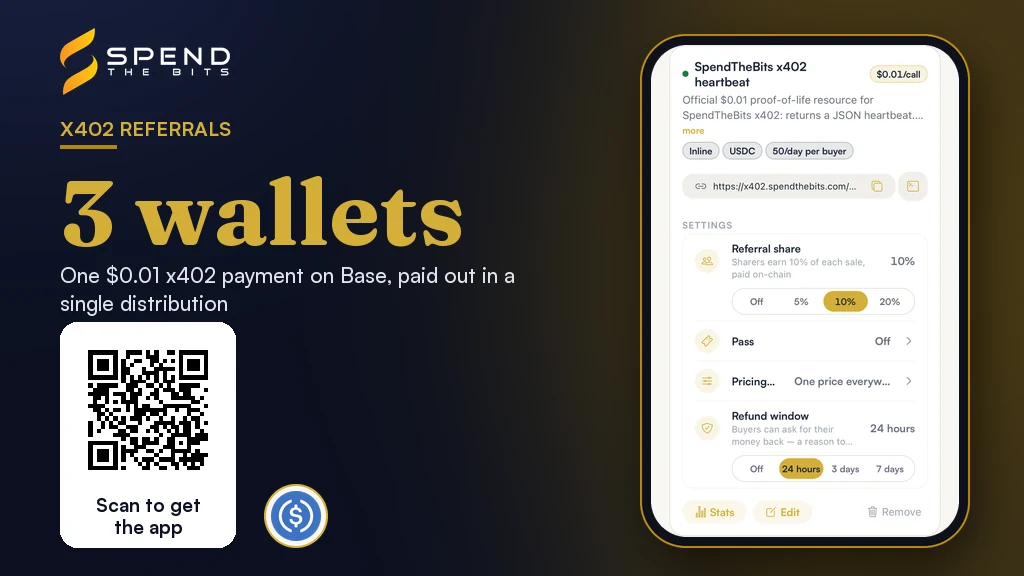 SpendTheBits resource settings with Referral share set to 10 percent, beside the three wallets paid by one split distribution on Base.