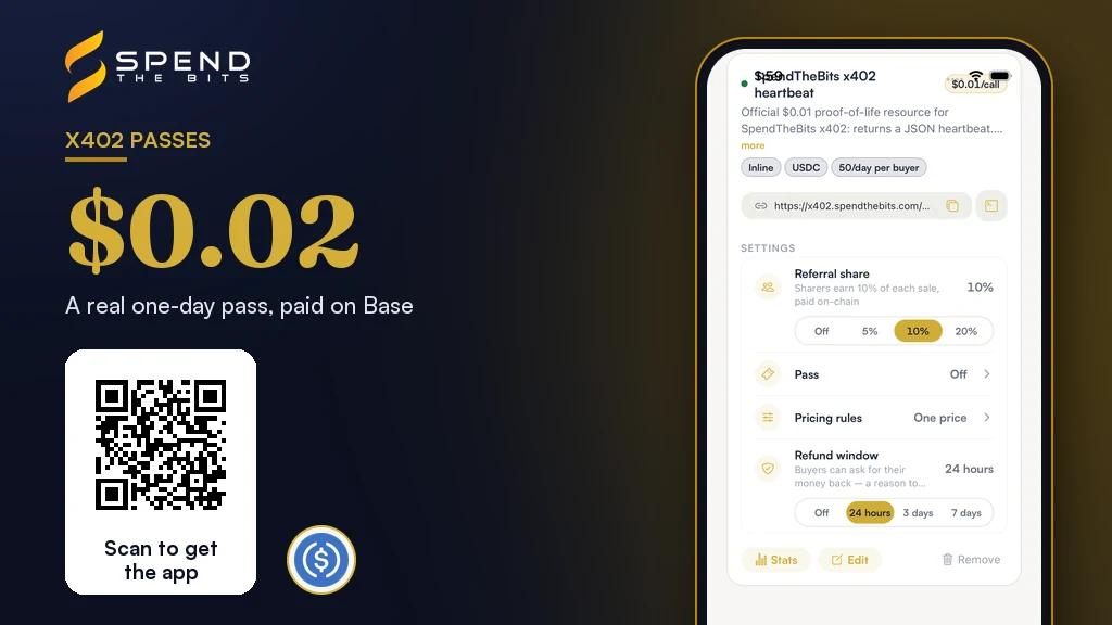 SpendTheBits resource settings with the Pass option, beside the $0.02 one-day pass paid on Base.