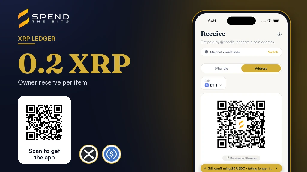 SpendTheBits Receive screen with an address QR code, beside the 0.2 XRP owner reserve per trust line.