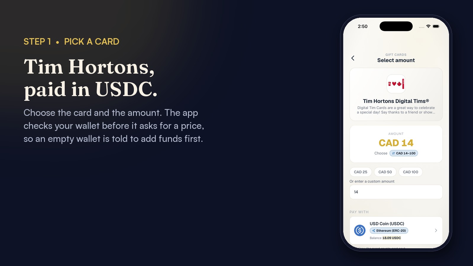 Select amount screen for a Tim Hortons Digital Tims card, CAD 14, paid with USDC