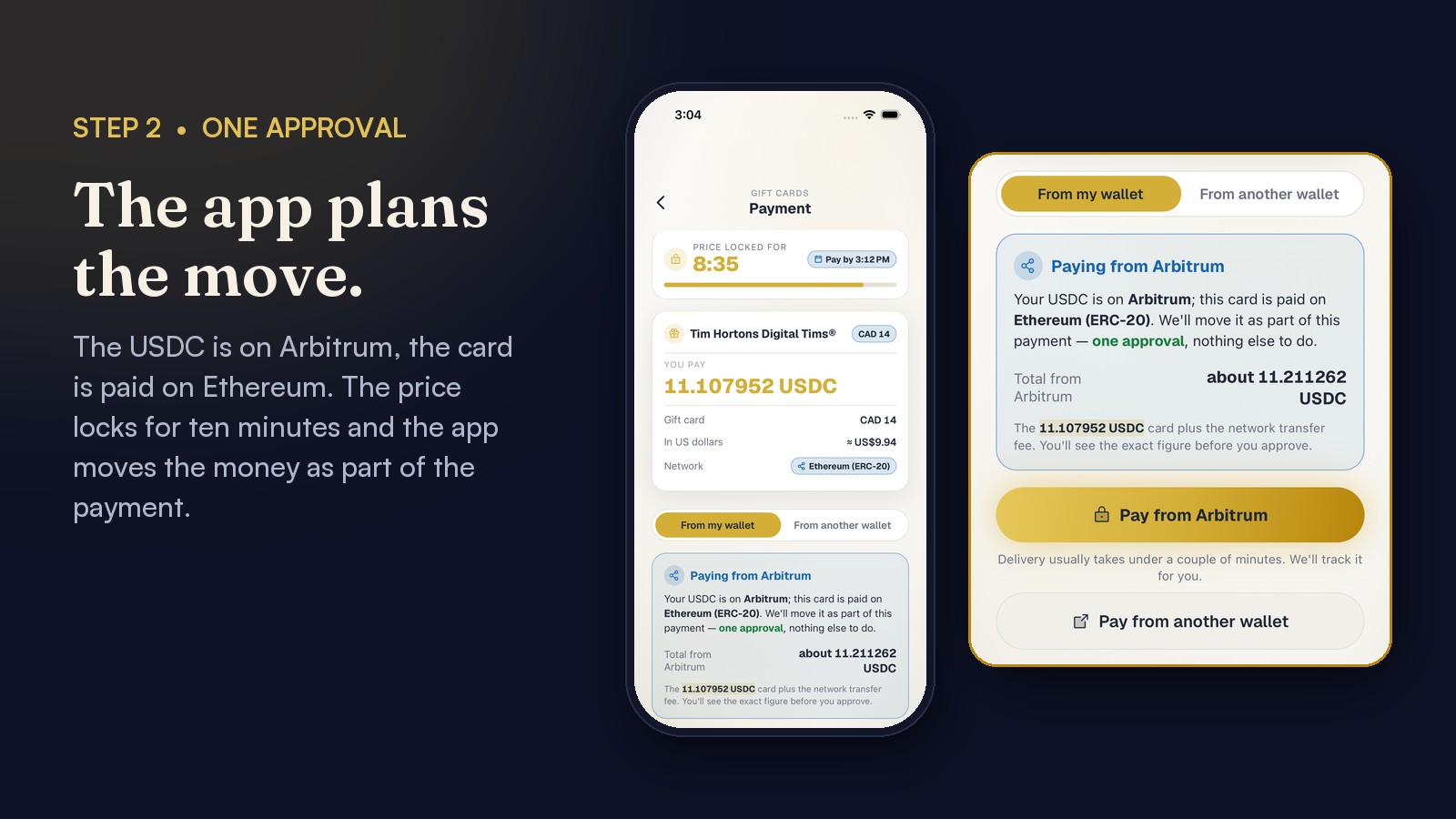 Payment screen with the price locked for ten minutes and a Paying from Arbitrum panel: one approval, nothing else to do