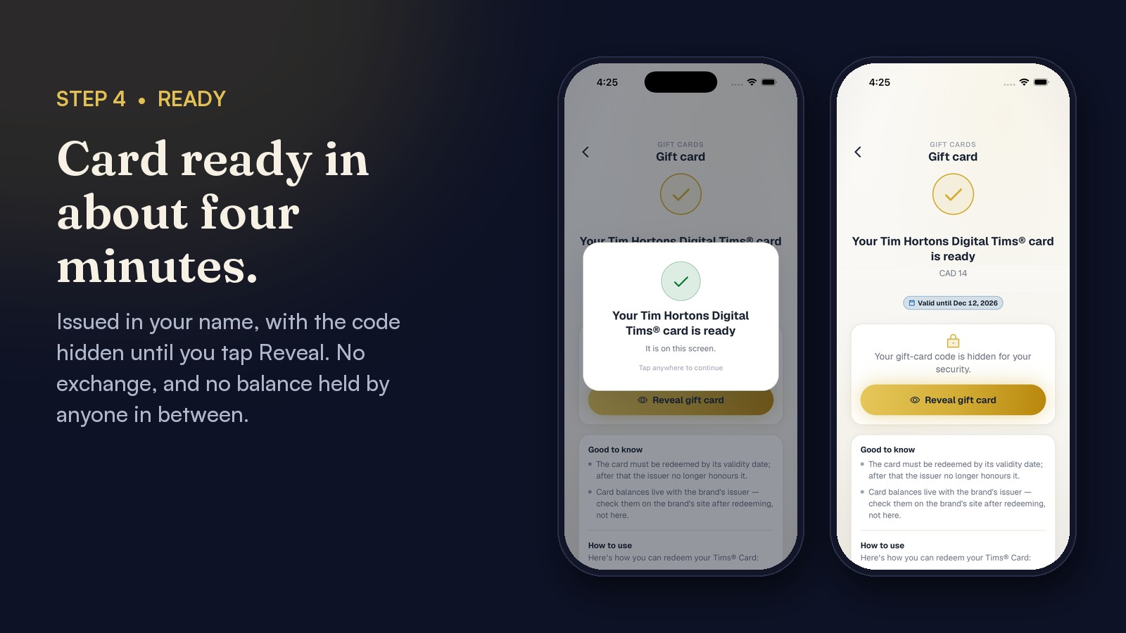 Card-ready screens: a confirmation and the order page with the code hidden behind Reveal gift card